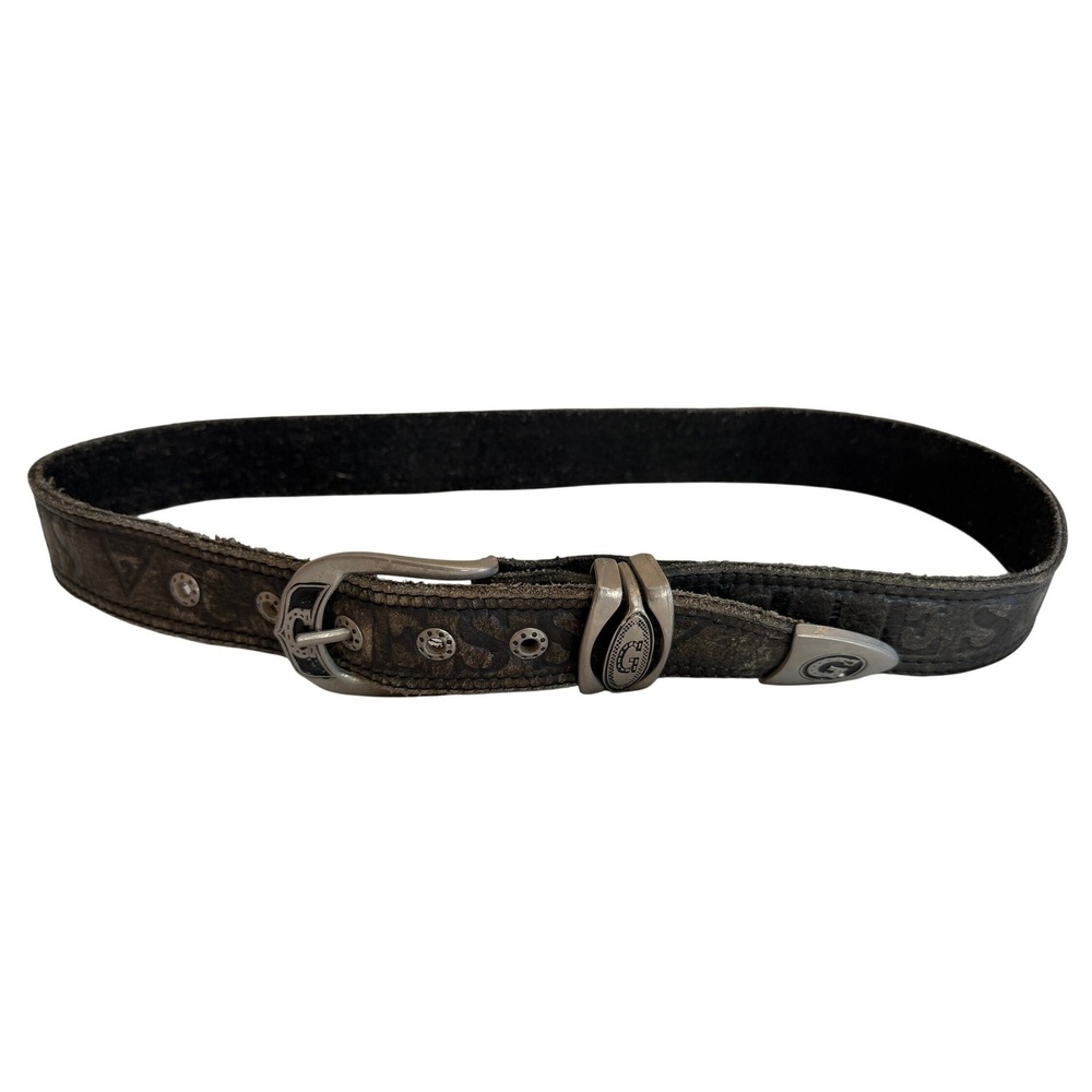 Vintage Black Embossed Leather Belt Silver Buckle Western Style 41in